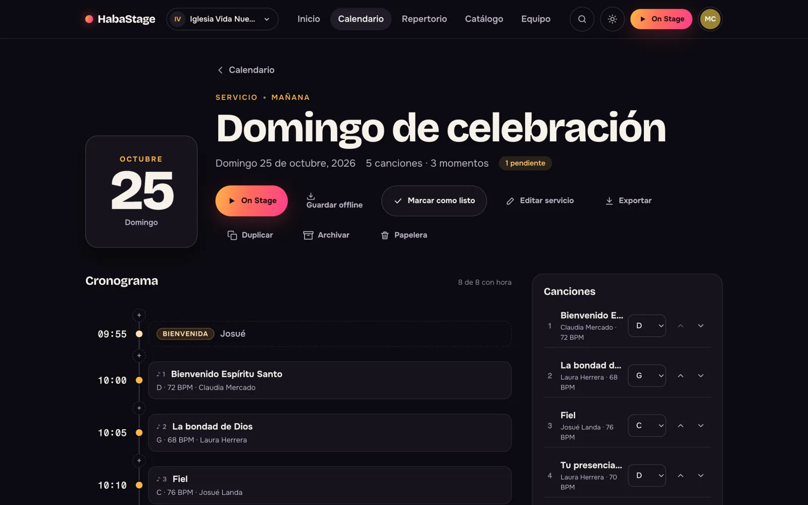 Cronograma de un servicio en HabaStage: canciones con cantante, tono y BPM, y momentos con horario