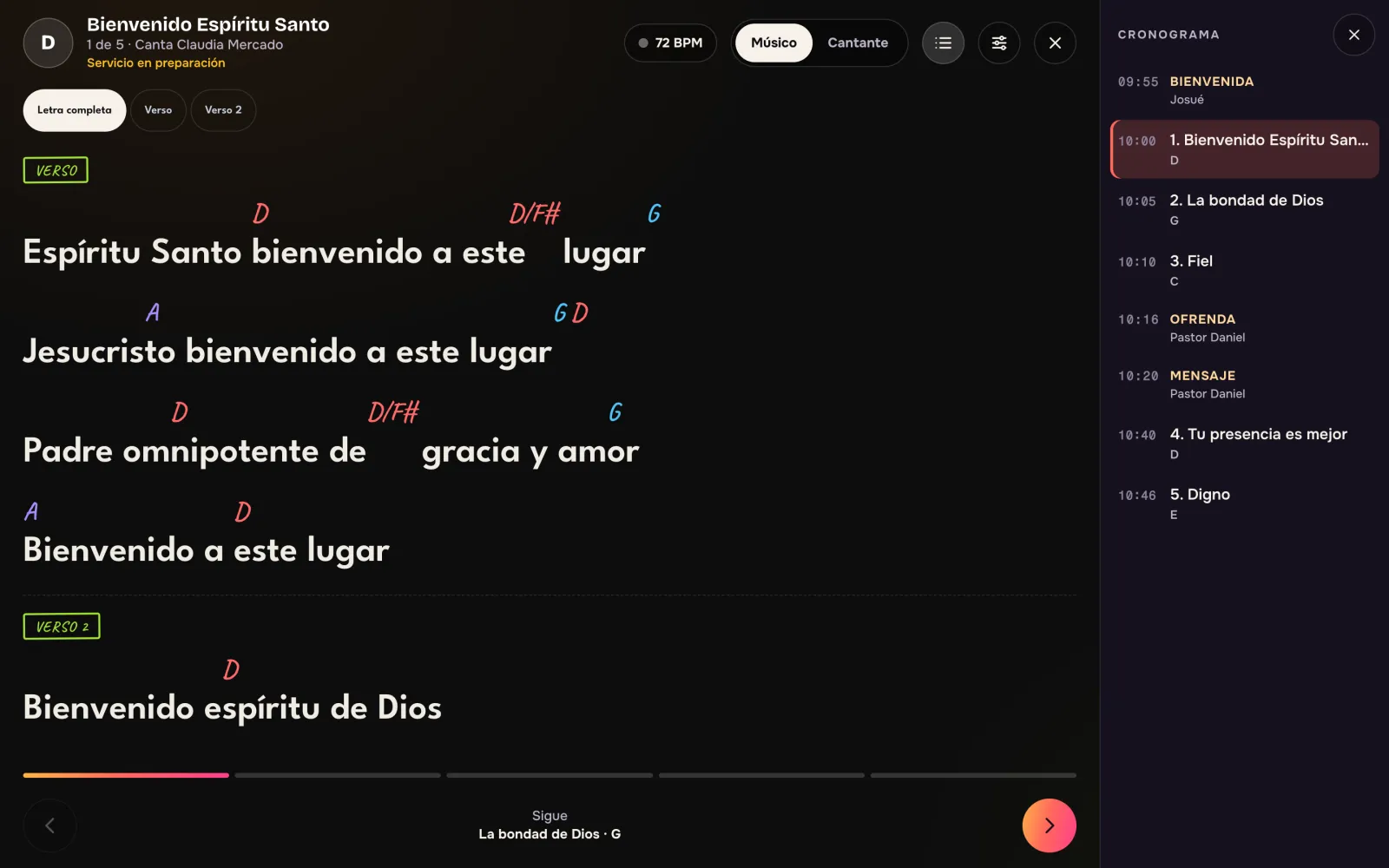 On Stage para músicos: acordes sobre la letra, el cronograma al costado y la canción que sigue